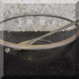 K70. 2 Glass textured bowl with metal rim and salad utensils. 14”w (one is New in the box) - $$22 NIB and $14 